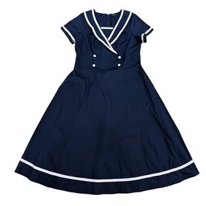 eShakti * Sz 1X 18W *  Navy Blue Sailor Nautical Fit & Flare Dress Stretch